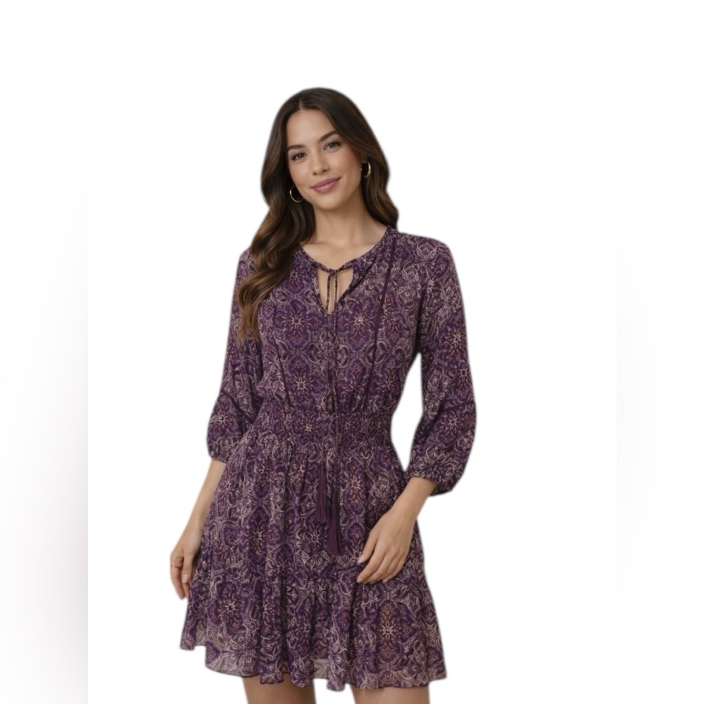 Blue Rain Purple Boho Print Dress Size M 3/4 Sleeve Tie Neck Lined